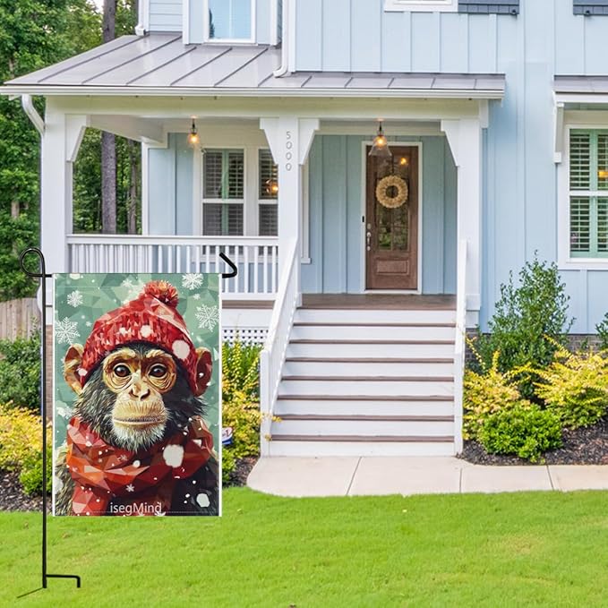 Monkey with Red Scarf and Hat Snowflake Christmas Garden Flag, 28x40 Inch Double Sided Linen Holiday Red Winter Farmhouse Yard Outdoor Decoration (4340)