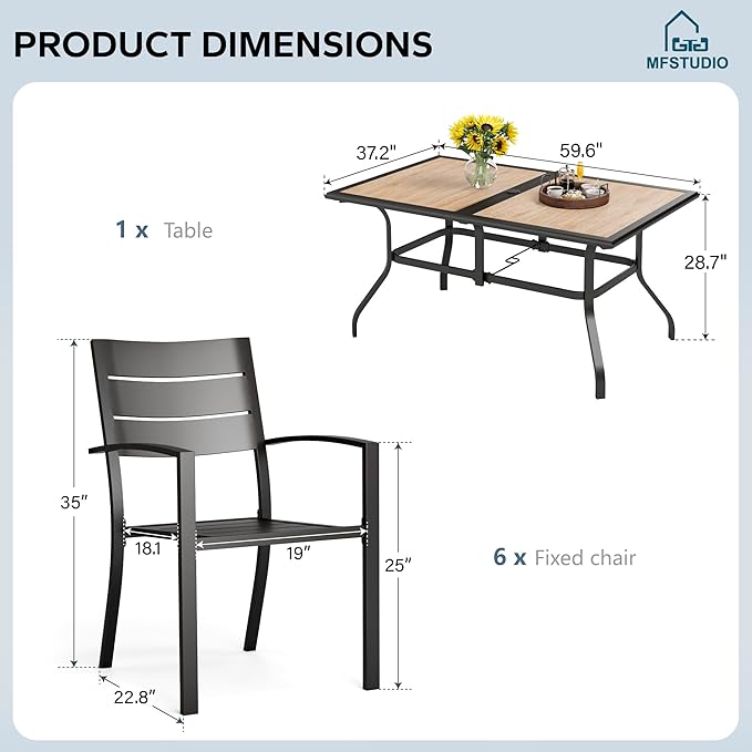 MFSTUDIO Patio Dining Set for 6, Metal Outdoor Table and Chairs Set, 7 Piece Wrought Iron Patio Furniture Dining Set for Deck Backyard Garden