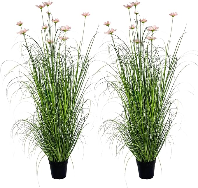 47 Inch Artificial Tall Grass with Pink Cosmos Flowers, Fake Floor Plants, Faux Grass Plants, Indoor and Outdoor Home Decoration(2pack, 4ft)