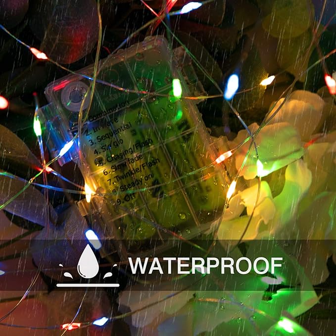 33Ft 100LED Outdoor String Lights, 2 Pack Fairy Lights Battery Operated with Remote, Waterproof Twinkle Lights for Bedroom Dorm Patio Tapestry Wedding Party Indoor Christmas Decoration, Multicolor