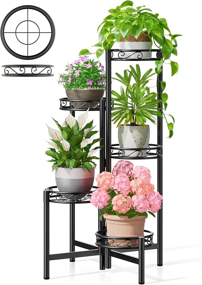 NQW Metal Plant Stand Indoor Outdoor, 5 Tier 5 Potted Multiple Plant Shelf Stands, Wrought Iron Flower Holder Shelf, Folding Tall Rack Shelf for Patio, Balcony, Corner Living Room - BlackCircle