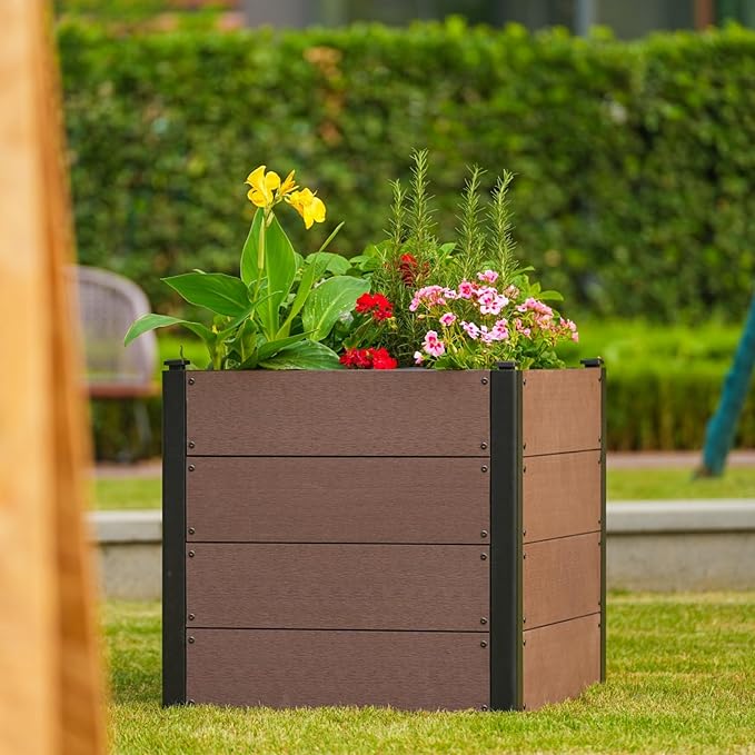 GarveeLife 25" x 25"x 23" Wood Look Raised Garden Bed Without Bottom, Outdoor Planter Box for Vegetables & Herbs, Durable Composite Deep Root Bed for Vegetables, Flowers in Backyard, Patio