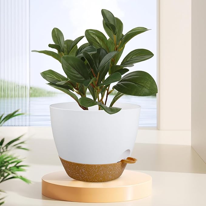 WSMKSZ 12 inch Large Self Watering Pots, Flower Plant Pots with Drainage Holes for Indoor Outdoor Garden Plants, Plastic Planters with Removable Deep Reservoir, White with Brown