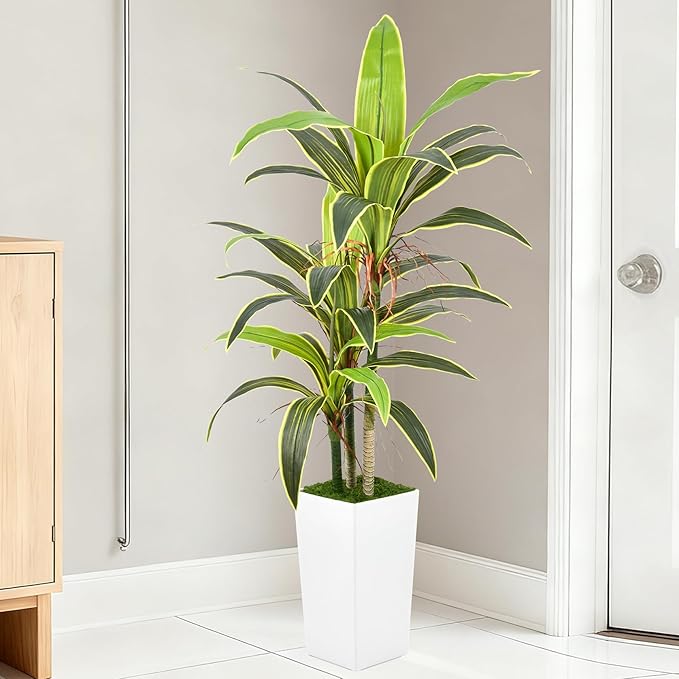 Aritificial Dracaena Tree 5FT with Realistic Trunks and 33 Leaves in Tall White Pot Faux Tropical Yucca Floor Plant for Home Office Decor Indoor Housewarming