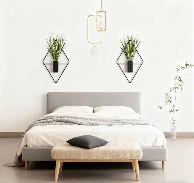 Wulujime 4 Pcs Black Metal Diamond - Shaped Hanging Planters with Artificial Plants: Ideal Indoor Wall Decor for Home & Office