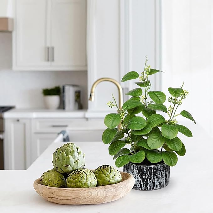 GnFlus Artificial Plants Decor Greenery Fake Ficus Leaf Indoor Potted 14" Fake Plant with Seeds in Rustic Black Ceramic Planter for Farmhouse Room Bathroom Bedroom Kitchen Office Table Desk Decor