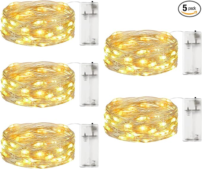 5 Pack Fairy Lights Battery Operated, 7FT 20LED String Lights with Timer Waterproof Silver Wire Fairy Lights Battery Powered Twinkle Lights for Bedroom Christmas Wedding Indoor Party Decor Warm White