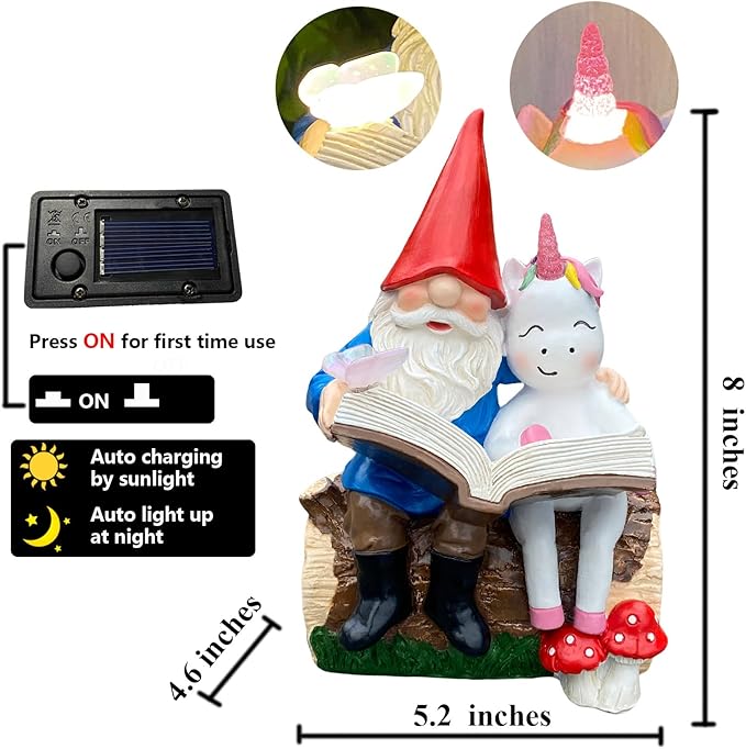 8'' Gnome and Unicorn Reading Book Statue,Funny Garden Gnomes Outdoor Statues for Garden Decor with Solar Lights,Gnomes Decorations for Yard Patio Lawn Cute Ornament Decoration,Gifts for Girl,Grandpa