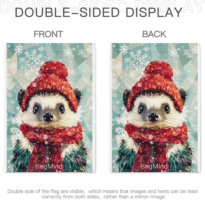 Hedgehog with Red Scarf and Hat Snowflake Christmas Garden Flag, 28x40 Inch Double Sided Linen Holiday Red Winter Farmhouse Yard Outdoor Decoration (4341)