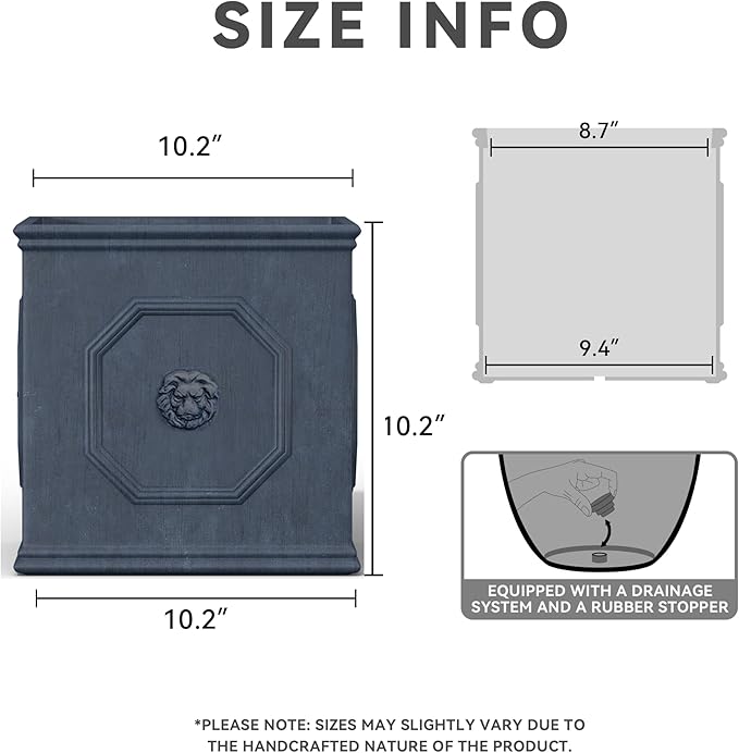 Kante Square Lion Head Concrete Planter, Classic English Style Plant Pot with Drainage Hole and Rubber Plug for Indoor Outdoor Garden Patio Home, 10.2"x10.2"x 10.2" Antique Gray