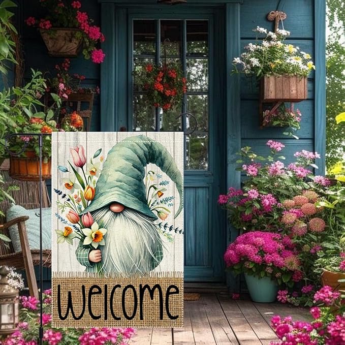Welcome Spring Garden Flag 12x18 inch Burlap Double Sided Gnome Colorful Floral Small Summer Garden Flags Decorations For Outside Yard Home Outdoor Patio Lawn Decor