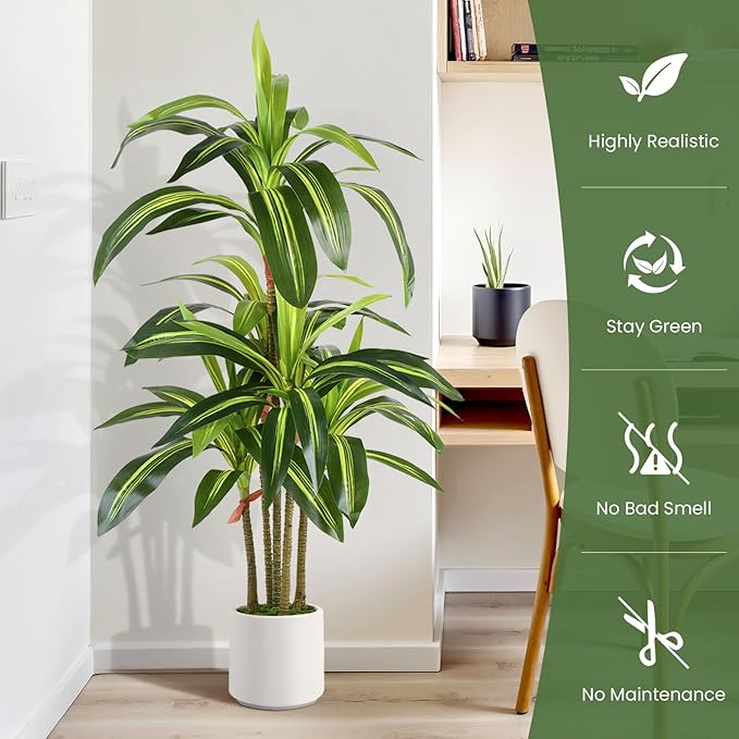 Alupssuc Artificial Dracaena Fake Tree 4FT, White High Pot Artificial Plants Indoor&Outdoor, Fake Plants for Office/Home/Living Room Potted Decoration, 4ft