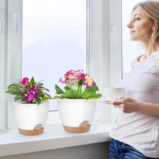 QRRICA Plant Pots 8/7/6.5/6/5.5/5 Inch Self Watering Pots, Set of 6 Plastic Planters with Drainage Holes and Saucers,Plastic Flower Pots,Nursery Planting Pot for Indoor Out Door Plants（White）