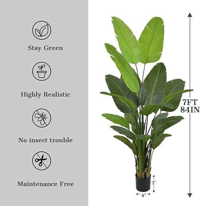 Bird of Paradise Plant Artificial 7ft - Tall Faux Plants Indoor with Realistic Trunks and 22 Vivid Leaves, 84 Inch Fake Tropical Floor Plants in Pot for Home Living Room Bedroom Office Indoor Decor