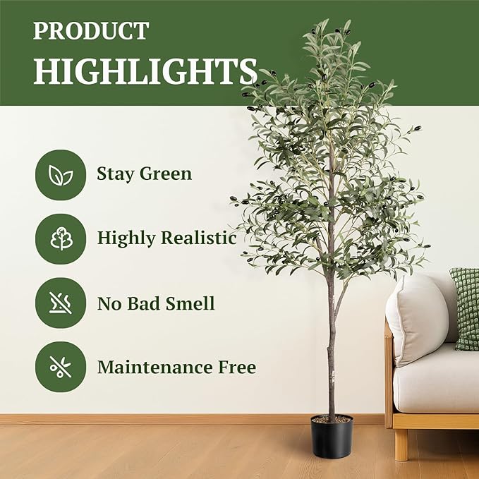 Artificial Olive Tree in Pot, 5.5 FT Tall Faux Olive Tree for Home Indoor Decor, Large Floor Plant with Textured Leaves Fruits, Realistic Wood-Grain Trunk, Fake Plant for Living Room Bedroom Office