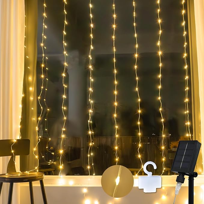 suddus Solar Tangle-Free Curtain Lights,200 LED Hanging Lights with Hook, Waterproof Window Lights for Christmas, Dorm, Wall, Backdrop, Window, Wedding, Party, Birthday Decor, Warm White