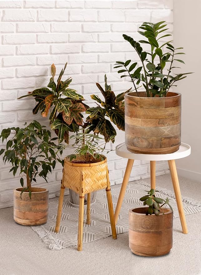 Serene Spaces Living Mango Wood Cachepot Set of 4, 9" Diameter & 8.5" Tall, Suitable for Indoor Potted Plants