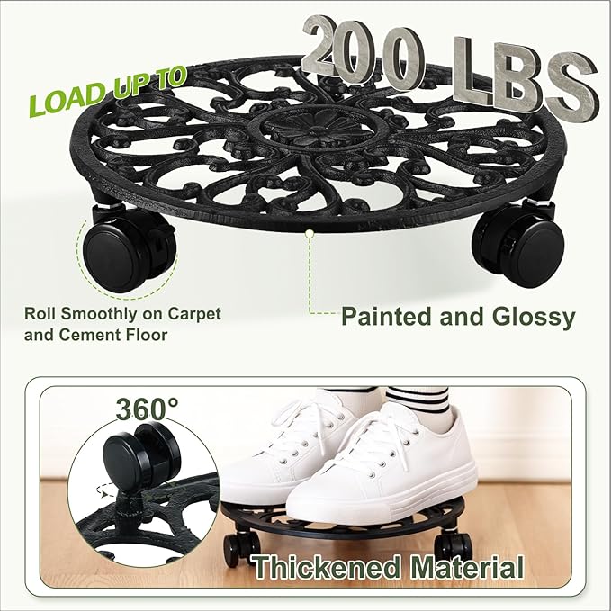 2 Packs 11 Inch Rolling Plant Stand with Wheels Wrought Iron Rolling Plant Stand with Casters Heavy Duty for Indoor Plants Rollers with Plant Saucers, Metal Round Plant Dolly