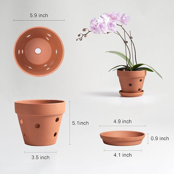 HERDUK Clay Orchid Pots with Holes,Terracotta Orchid Pots with Drainage Holes & Saucer for Repotting 6 Inch, Orchid Planters for Indoor Plants