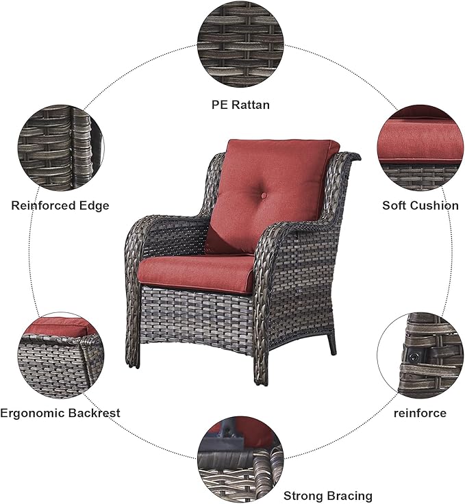 HUMMUH Patio Chairs Wicker Patio Dining Chairs Set of 2 PE Rattan Deep Seating Outdoor Chairs with 4 inch Seat Cushions (Grey/Red)