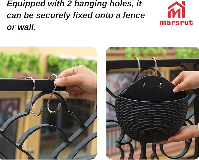 2pcs Semi Circle Hanging Wall Planter, Wall Mounted Half Round Flower Pot for Outdoor Indoor Decoration, Imitation Rattan Plastic Baskets Container with Hooks, Drainage, for Home Office Balcony Fence