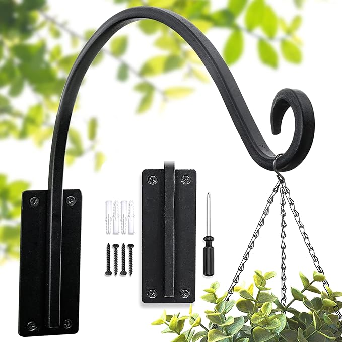 Lifyzoon Heavy Duty Plant Hanger Bracket (16"/Black), 45lbs Weight Capacity - Outdoor Hand-Forged Hanging Plant Bracket Durable and Stable Bird Feeder Hanger