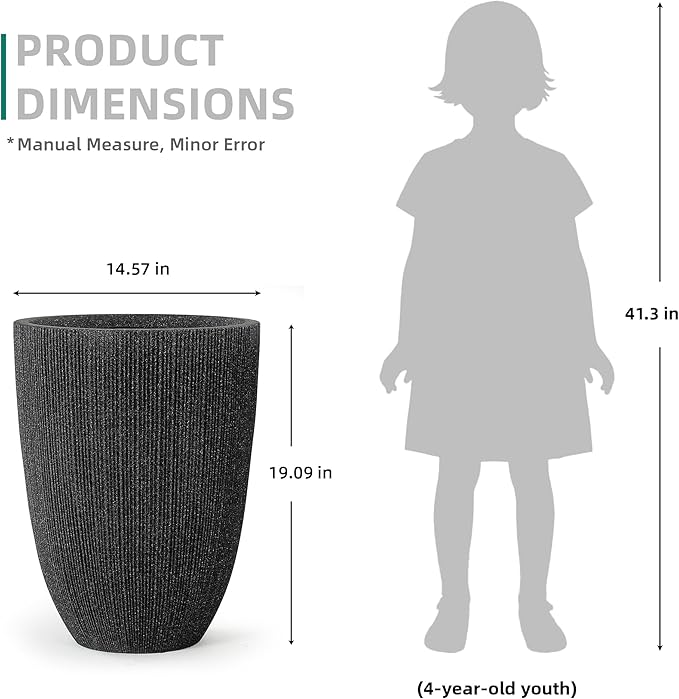 Ultym 19" H Mediterranean Planter for Indoor/Outdoor Plants, Set of 2 Large Flower Pot with Drainage Hole, Weather/UV Resistant Resin Planters for Garden Patio Porch Home Office Decor, Black Fluted