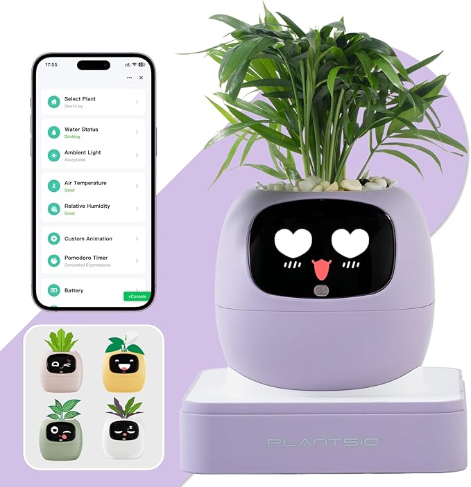 Plantsio AI Smart Pot for Plants with App Control, Self-Watering, Visual Display & 80ml Reservoir, Digital Plant Pot Supports 100+ Plants, Pomodoro Timer, Clock & Calendar,Desk & Office Planter-Purple