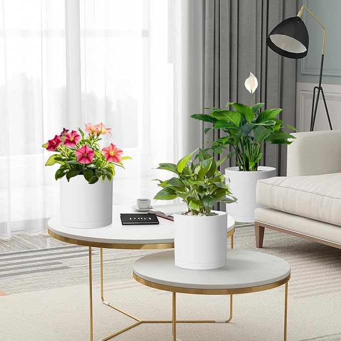 Meowell 10/8/6 inch Deep Flower Pots, 3 Pack Cylinder Tall Plant Pots for Outdoor Indoor Plants, Large Decorative Plastic Planters with Drainage Holes and Saucers for Garden House Plants, White
