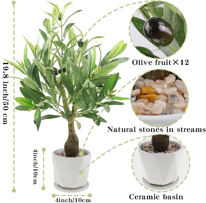 Abyjifar 20" Artificial Olive Tree with Pot, Faux Green Potted Plants Indoor Fake Greenery Olive Branches Stems in Pot for Tabletop Desk Office Kitchen Living Room Bedroom Bathroom Home Decor
