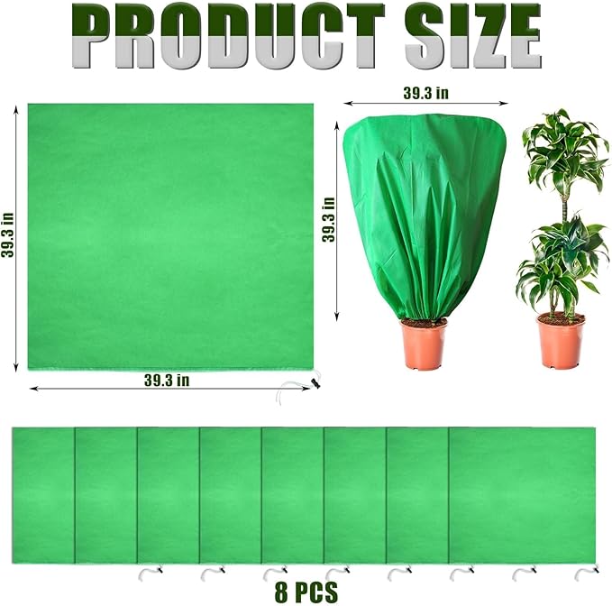 EYNDYN 8 Pcs Plant Covers Frost Protection Bag 39.3" x 39.3" Winter Reusable Plants Jacket with Drawstring Shrub Protection Wraps Bags Frost Blanket for Winter Outdoor Garden Plants