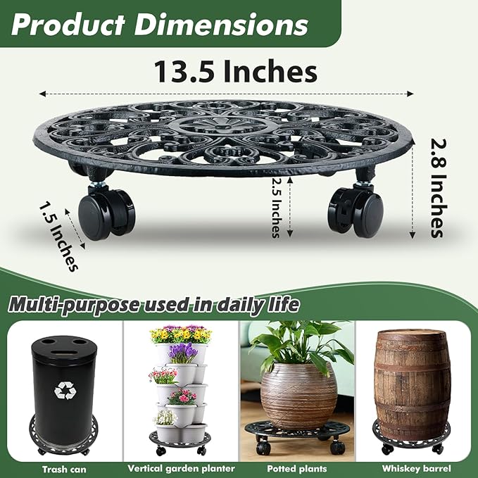 14 Inch Rolling Plant Stand with Wheels Metal Plant Caddy with Wheels Heavy Duty Round Plant Stand Indoor Iron Plants Rollers for Plants, Plant Dolly with Plant Saucers 1 Pack