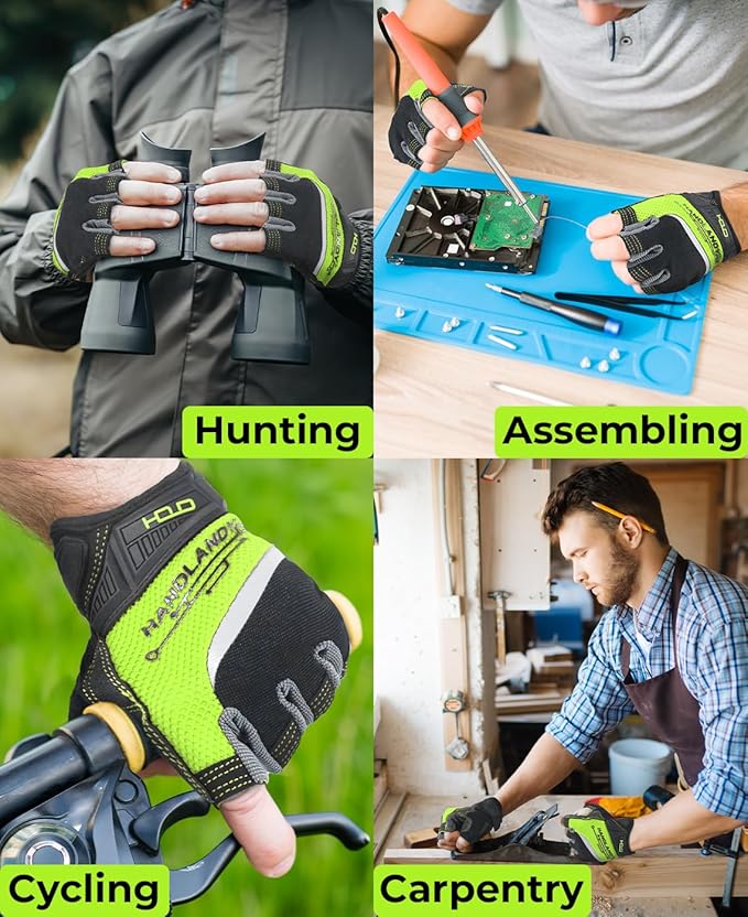 HANDLANDY Fingerless Work Gloves for Men Utility Padded Half Finger Driving Working Gloves (Small, Green)