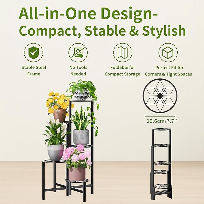 NQW Plant Stand 5 Tier Indoor Metal Flower Shelf for Multiple Plants Corner Tall Flower Holders for Patio Garden Living Room Balcony Bedroom Black Diamond