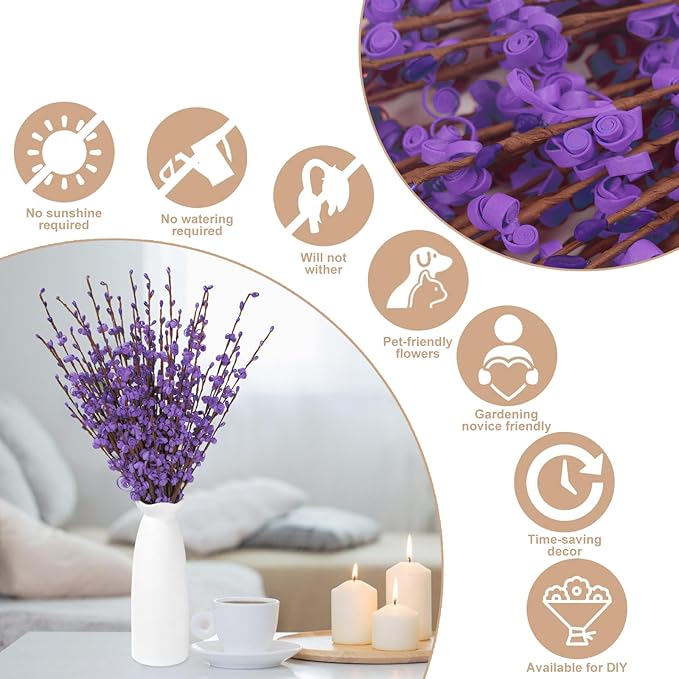10Pcs 17.5'' Purple Long Stem Artificial Jasmine Flowers Faux DIY Floral Art with Pussy Willow Branches for Wedding Bouquets Home Office Table Centerpieces Birthday Party Decorations