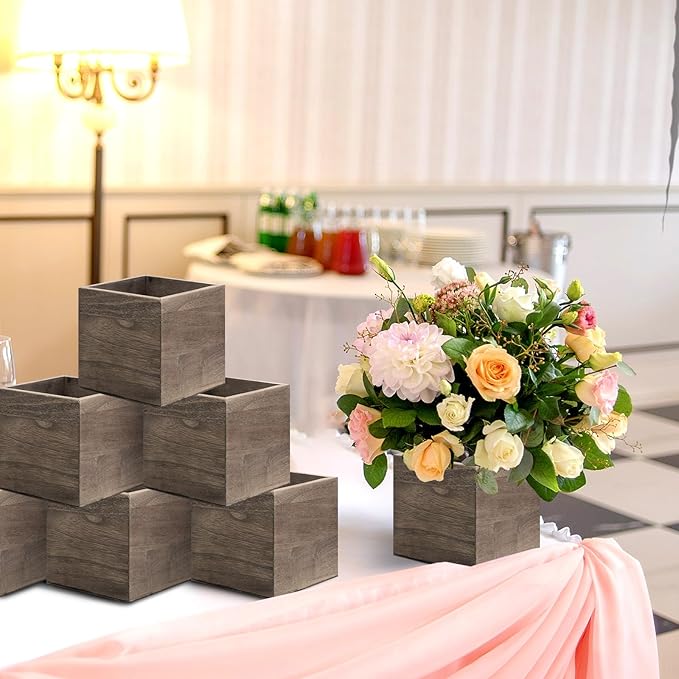 Suzile 24 Set Wooden Planter Box Square Wood Flower 4 Rustic Cube Planter Box with Removable Foam Blocks Liner Brown Square Vase for Home Centerpiece Garden Craft Wedding Farmhouse Decor