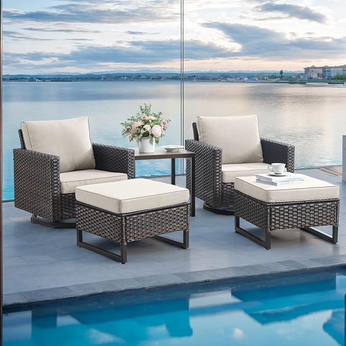 Rilyson Wicker Outdoor Patio Furniture Set - 5 Piece Patio Conversation Set with 2 Swivel Rocker Chairs,2 Rattan Ottoman and 1 Metal Side Table for Outside Porch Deck Backyard Garden(Brown/Beige)