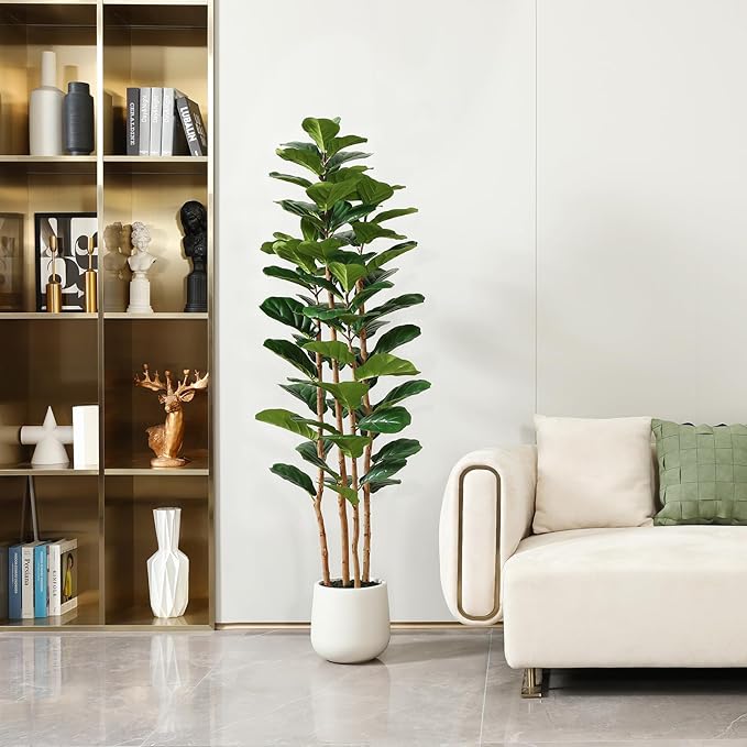OAKRED Artificial Fiddle Leaf Fig Tree with White Planter, 6ft Tall Fake Tree with Natural Wood Trunk for Home Decor, Faux Ficus Tree Fake Moss for Indoor Office Living Room
