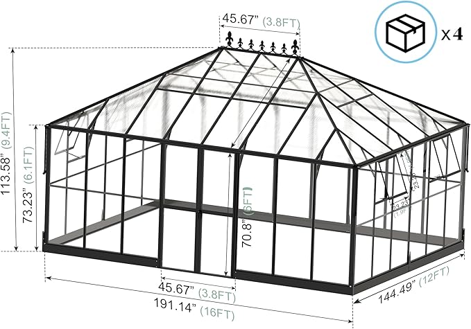 Jocisland 16x12x9.5 FT Polycarbonate Greenhouse with Clear Panels- 6 FT Wall Height Walk-in Greenhouse with 4 Vents, Double Doors with Hook, Outdoor Aluminum Greenhouses for Backyard Garden