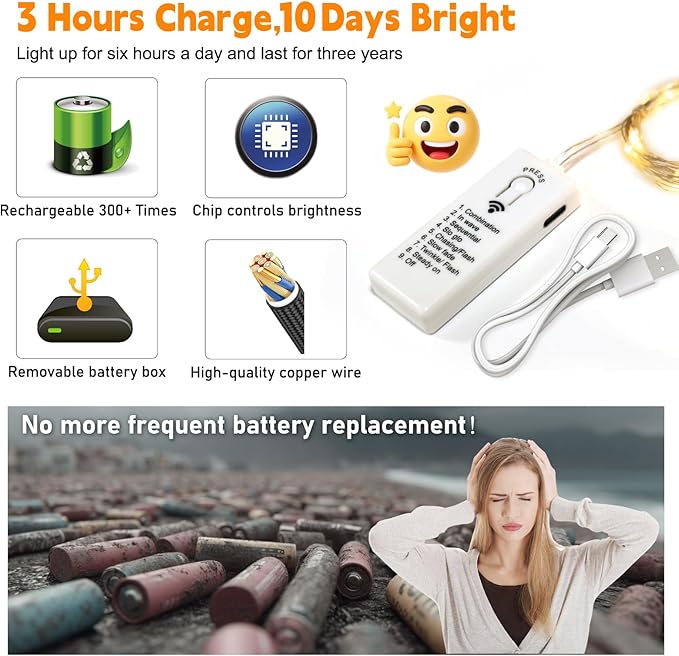 ZSJWL 6 Pack Rechargeable Fairy Lights with Remote & DIY Timer, 7Ft 20LED Mini Battery String Light, Twinkle Silver Copper Wire Lights for Wedding Party Bedroom Christmas Table Decoration(Warm White)