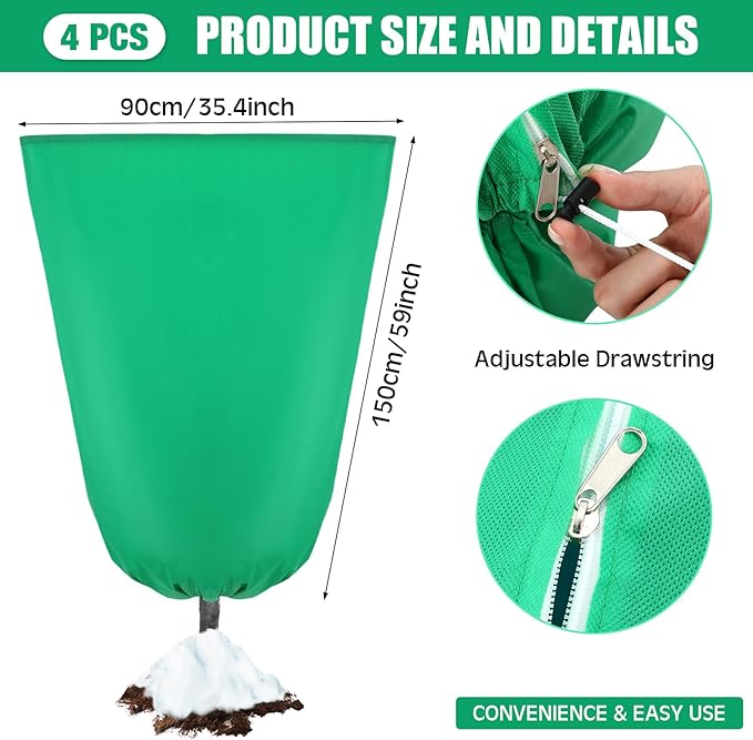 Vincreem 4 Pcs Plant Covers Freeze Protection 35.4" x 59" Winter Frost Blankets for Outdoor Plants with Zipper Drawstring Frost Cloth Freeze Covers Warm Shrub Jacket for Fruit Tree Potted(Green)