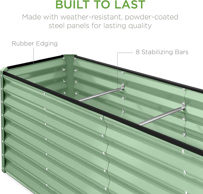 Best Choice Products 8x2x2ft Raised Outdoor Metal Garden Bed, Rectangular Planter Box for Herbs, Flowers, and Deep Root Vegetables w/ 240 Gallon Capacity - Sage Green