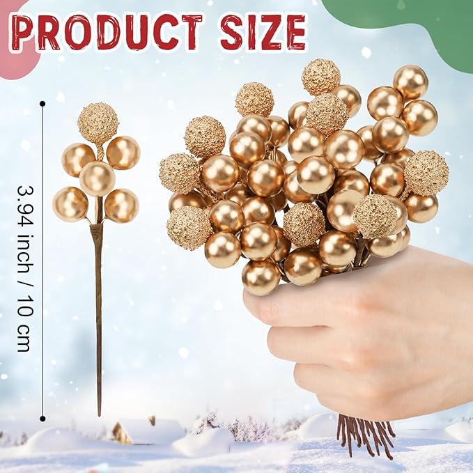 10pcs Glitter Fake Artificial Gold Berries Picks Christmas Tree Decorations Foam Flower Core Wedding Garland Holiday Party Photography Props