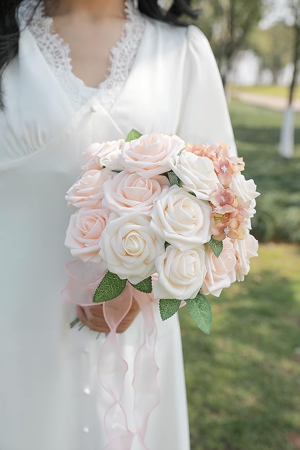 YYHUAWU Artificial Flowers Combo Box Set Gradient Color Flower Leaf with Stems for DIY Wedding Bouquets Centerpieces Baby Shower Party Home Decorations (Gradient Champagne)
