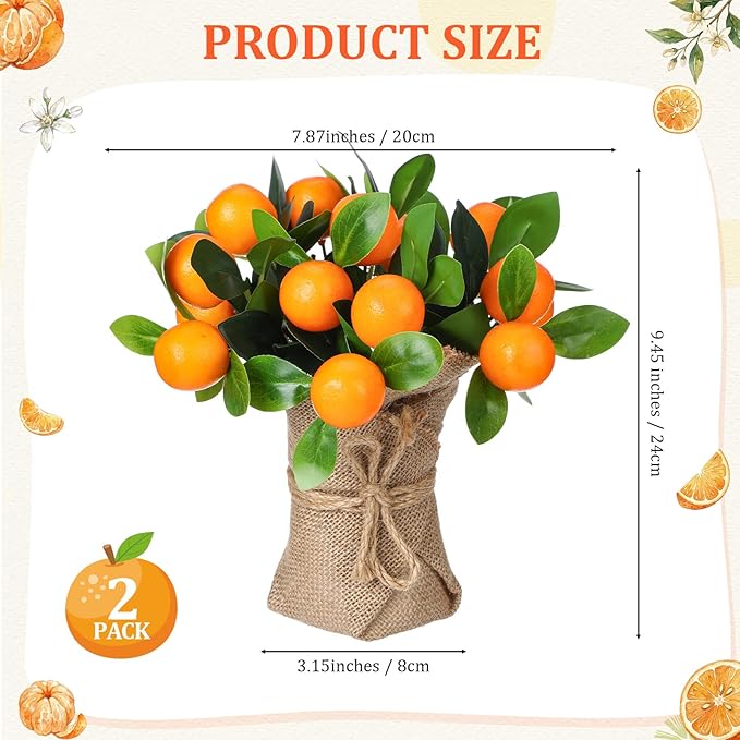 2 Pack Artificial Orange Potted Plants 9.45 Inches Fake Orange Tree Simulation Realistic Fruit Plant with Pot Faux Tree Indoor Decoration for Home Office Living Room Table Desk