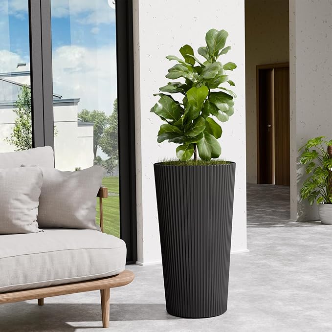 Diyfire Tall Outdoor Planter Front Porch Decor Set of 2-23.6" H Tall Planters for Outdoor Plants with Drainage Hole, Round Conical Design Flower Pots for Indoor/Patio/Garden, Black