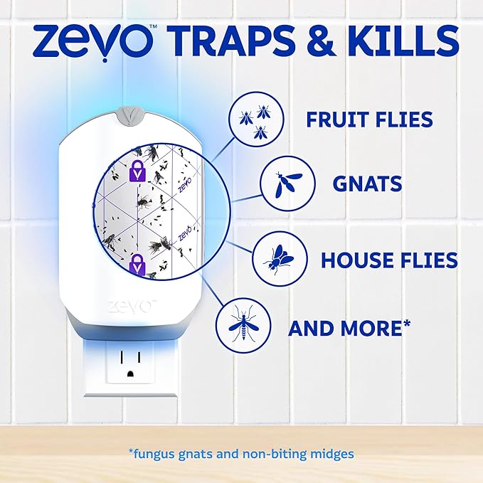 Zevo 2 Flying Insect Traps & 4 Refill Cartridges - Plug in Fly Trap & Indoor Bug Catcher for Gnats, House & Fruit Flies - Blue & UV Light Technology, Mess-Free Alternative to Bug Zapper