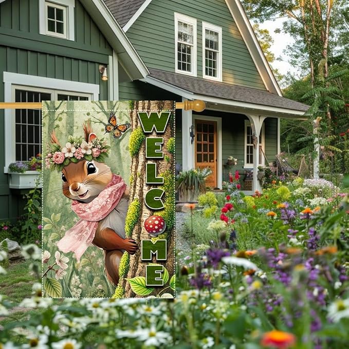 Welcome Garden Flag 28x40inch The Nut Squirrel winter Garden Flags Yard Porch House Flag Double-Side For Home Outdoor Yard Patio Lawn Decor, Garden Decorations