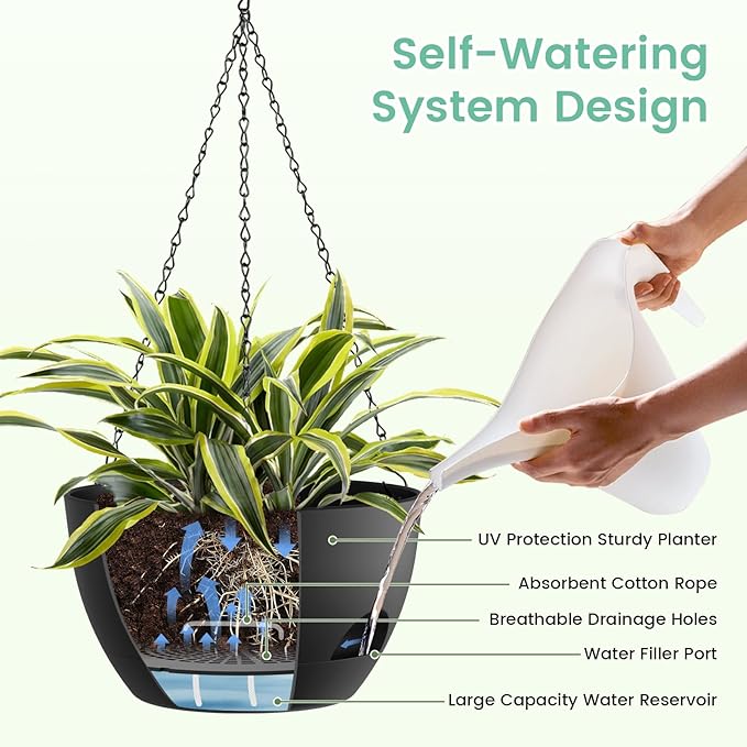 UOUZ 4 Pack 8 Inch Self Watering Hanging Planters for Indoor Outdoor Plants，Hanging Pots for Plants with Drainage Removable Tray, Hanging Baskets Flower Pots for Ivy Pothos Spider Garden Porch Black