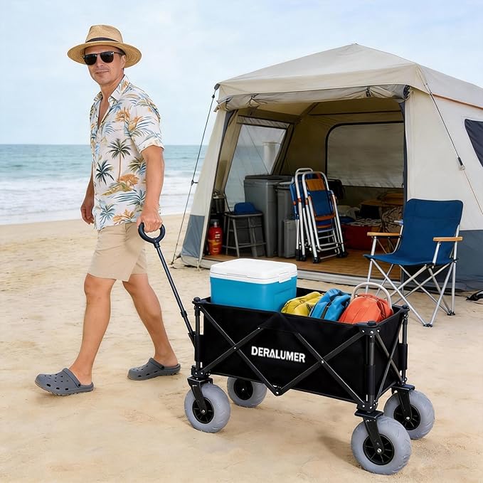 Beach Wagon with Big Wheels for Sand, 35" L Heavy Duty Folding Beach Wagon with 9×4" Balloon Tires, All Terrain Utility Cart for Garden, Sports, Camping, Outdoor (SandRover X800-B,Black)
